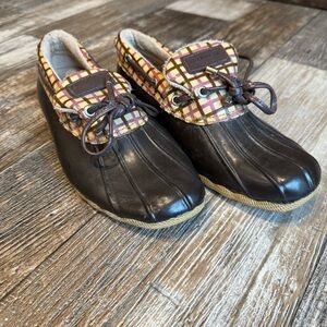 Sperry Top Sider Low Duck Boots Size 6.5 Pink Brown Plaid Waterproof Rain Shoes